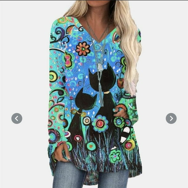 2020 Womens Halloween Top Loose Long Sleeve V-Neck Mid-Length Printed T-Shirt